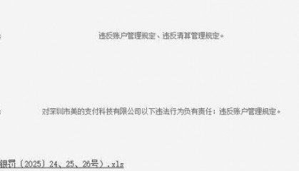 美的支付被罚款281万元，因违反账户管理规定、违反清算管理规定