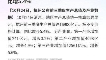 杭州市：前三季度GDP 16900亿，同比增5.4%