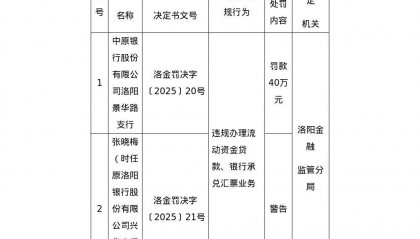 中原银行洛阳景华路支行被罚40万，涉违规办理流动资金贷款等