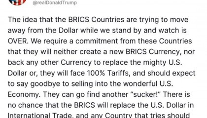 特朗普警告金砖国家：将征收100%关税！